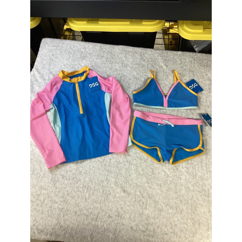 DSG Girls Aqua Blue 3-Piece Swimwear Set Rash Guard Bikini Shorts Size S New